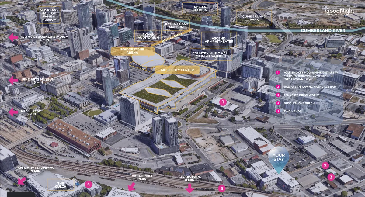 A sweeping view capturing iconic downtown Nashville landmarks, including Bridgestone Arena, Music City Center, the Cumberland River, and other famous museums and attractions. The vibrant cityscape buzzes with activity, inviting exploration and adventure just steps away from the property.